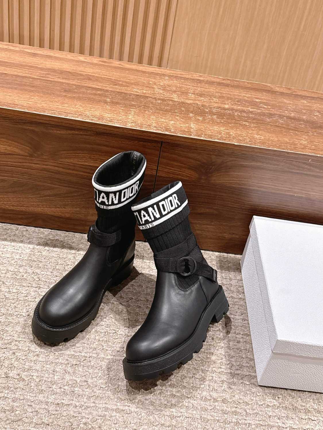 Dior Women's D-Major Ankle Boots Black Calf Leather With Black And White Technical Jersey #332813