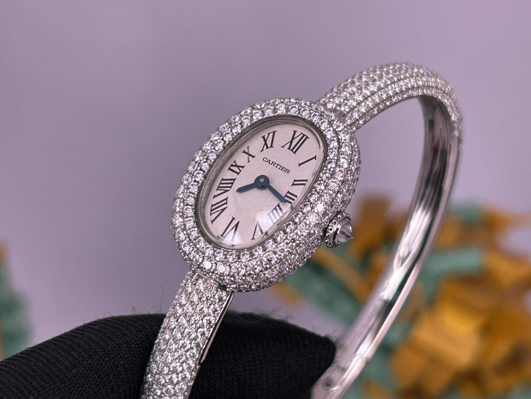 Cartier Women's Baignoire Watch Bathtub Collection Quartz Movement Steel Case Full Diamonds Bracelet Watch #81279