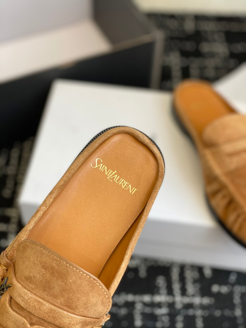 Saint Laurent LE LOAFER Women's Fashion Casual Round Toe Slip On Half Slip On Logo Leather Loafer Mule Shoes #78444