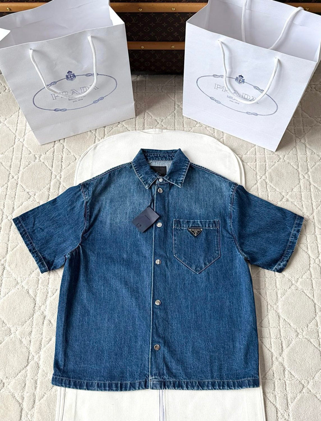 Prada Men's Spring Summer Solid Colour Metal Triangle Logo Single Breasted Short Sleeve Denim Shirt Jacket #76867