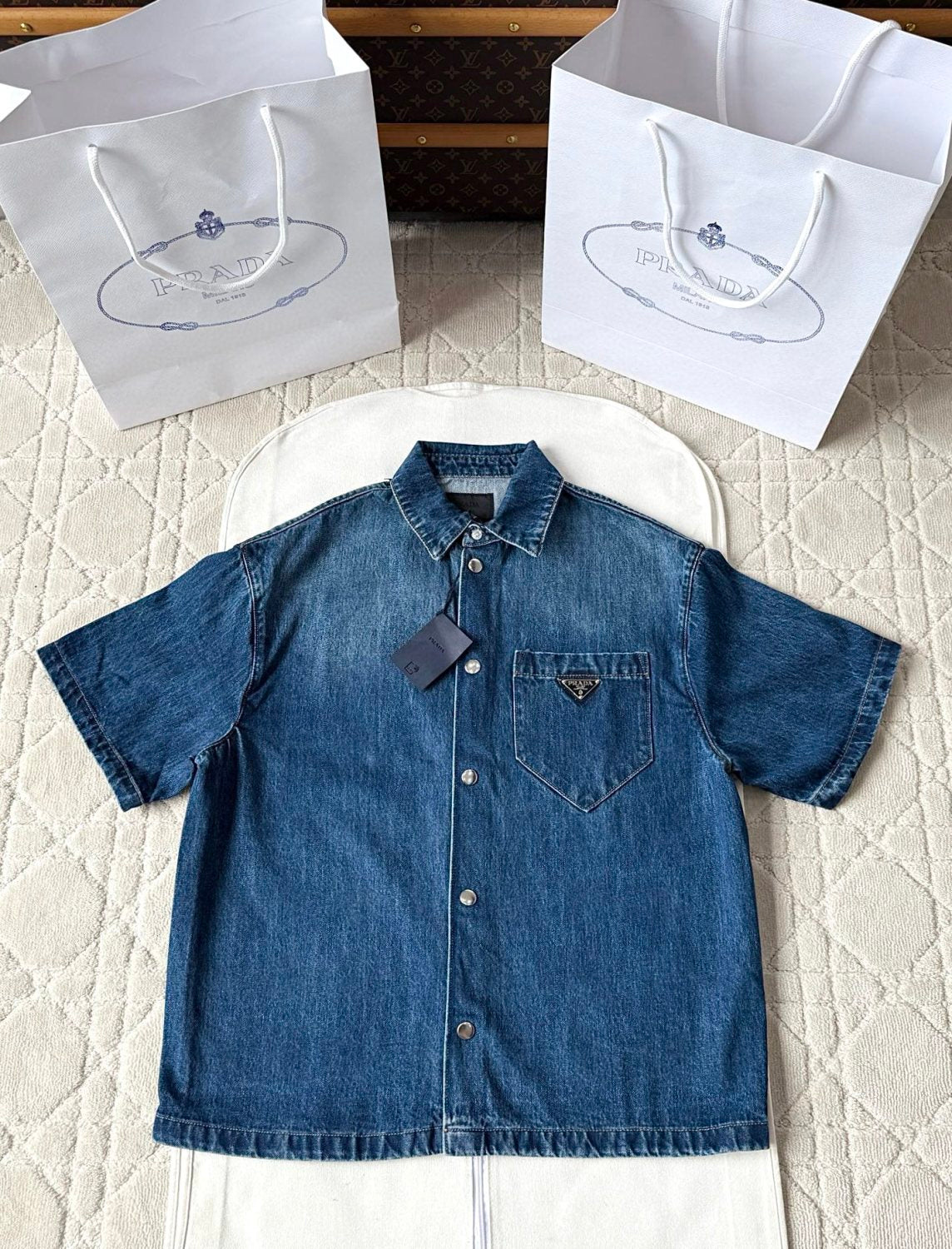 Prada Men's Spring Summer Solid Colour Metal Triangle Logo Single Breasted Short Sleeve Denim Shirt Jacket #76867