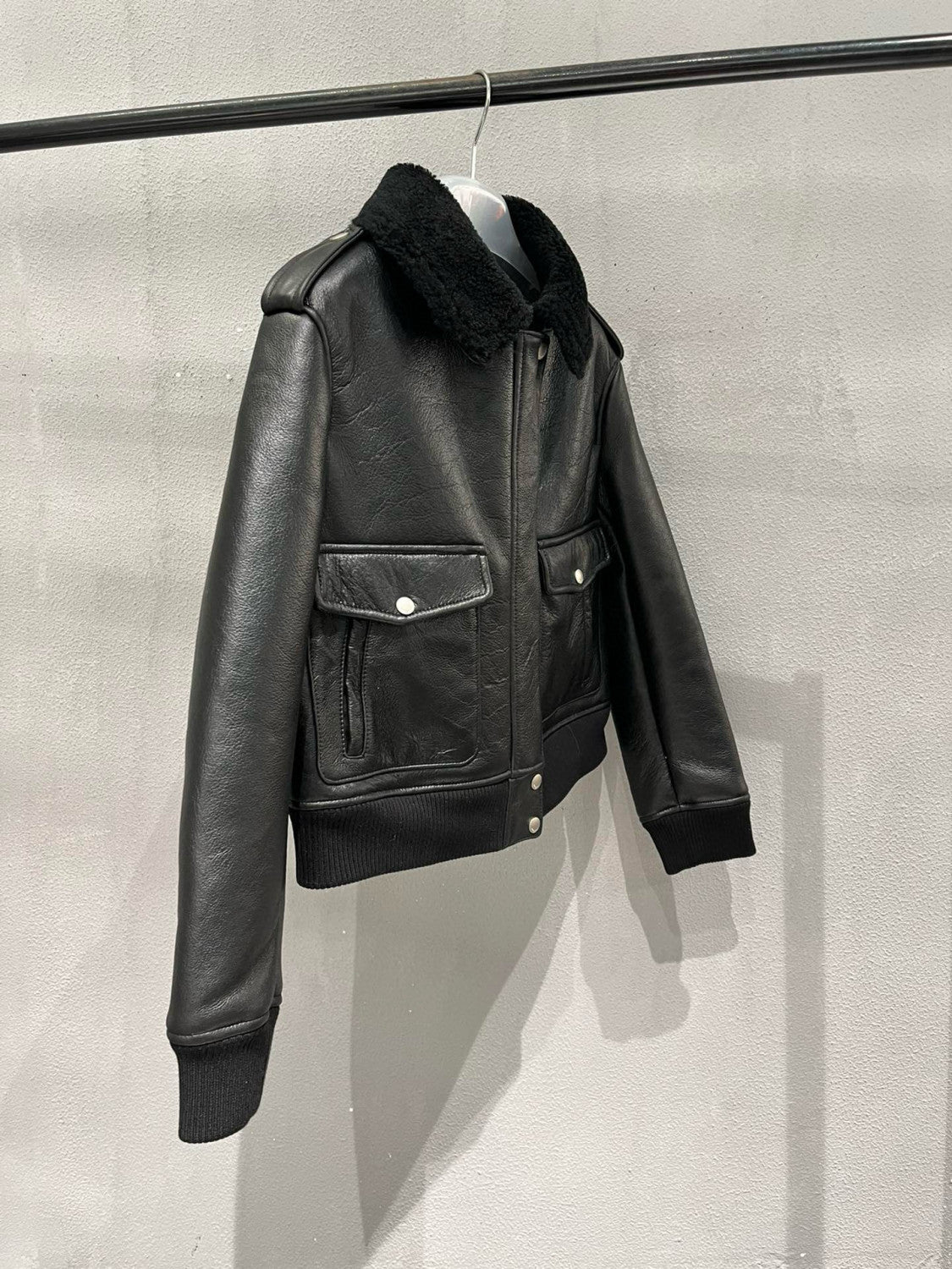 Saint Laurent Men's Winter Black Pilot Single Breasted Zipper Leather Jacket #98459