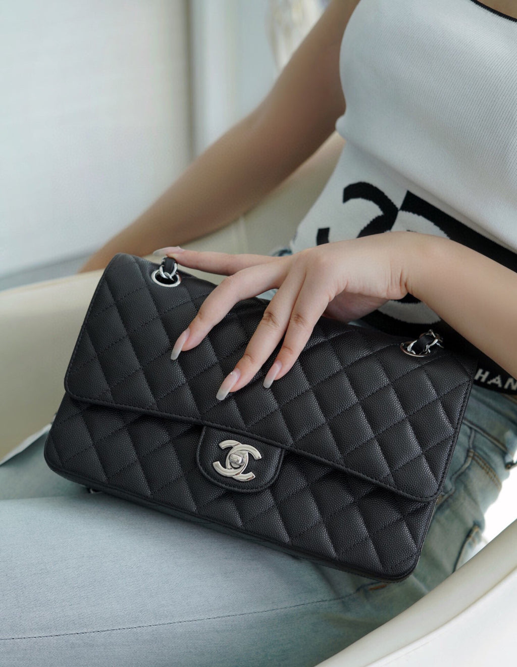 Chanel Women Classic Flap Solid Color Particle Embossed Calfskin Chain Bag Mouth Cover Bag Casual Shoulder Bags CF #71675