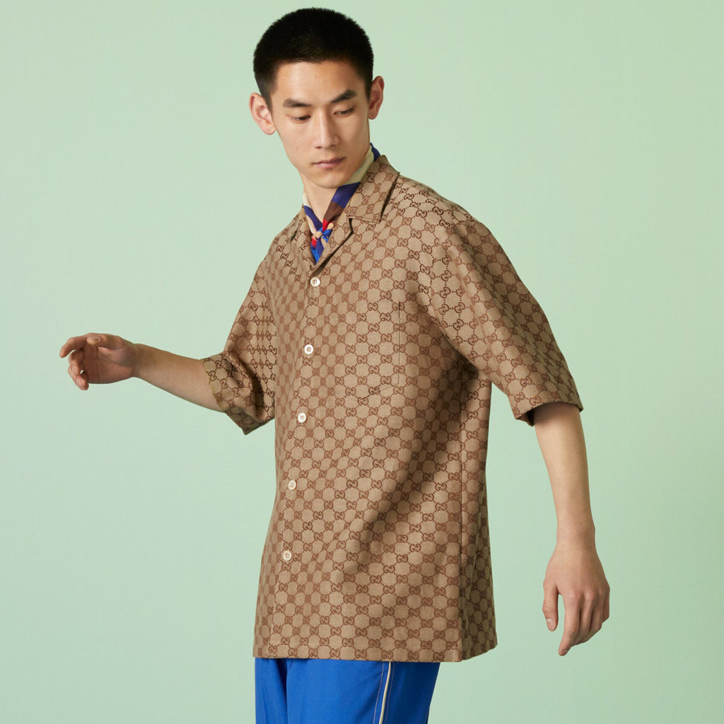 Gucci Men's Summer Brown Lapel Single Breasted Logo Printed Short Sleeve Shirt #98679