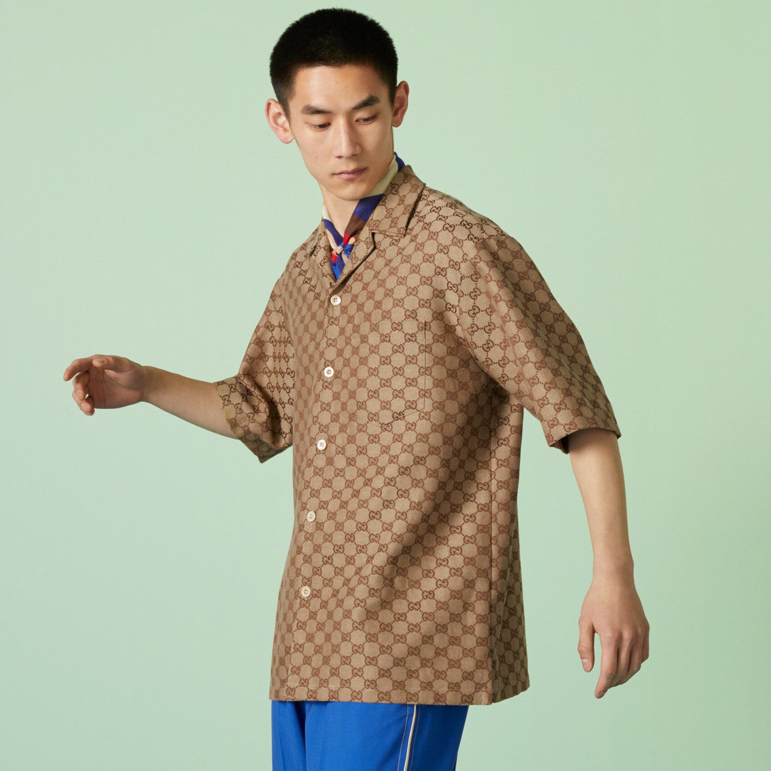 Gucci Men's Summer Brown Lapel Single Breasted Logo Printed Short Sleeve Shirt #98679
