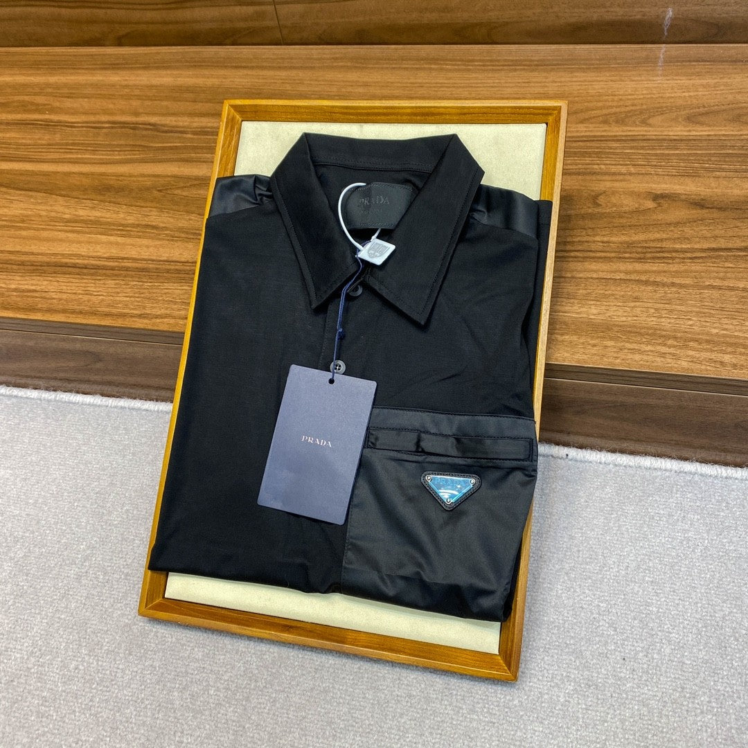 Prada Men's Summer Black Triangle Label Pocket Polo Neck Cotton Short Sleeve T-Shirt #74815
