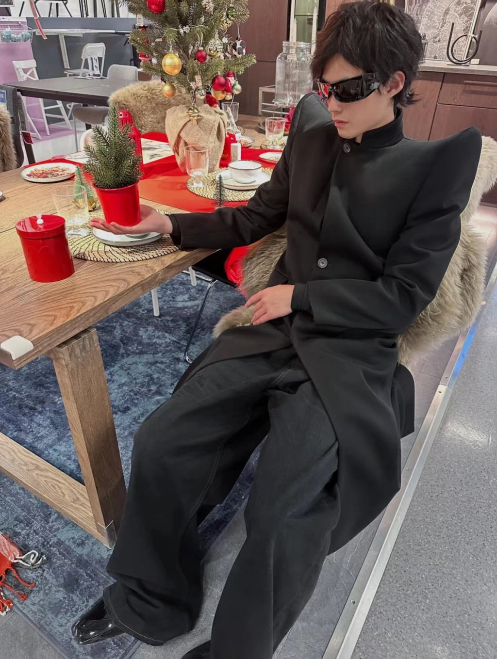 Rick Owens Men's Retro High Padded Shoulder Pointed Corner Suit Black Long Standing Lapel Fashion High Street Handsome Single Breasted Jacket #71991