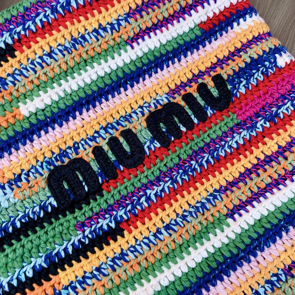 MiuMiu Women's Multicolour Embroidery Logo Crochet Shopping Bag Shoulder Handbag Tote Bags #76739