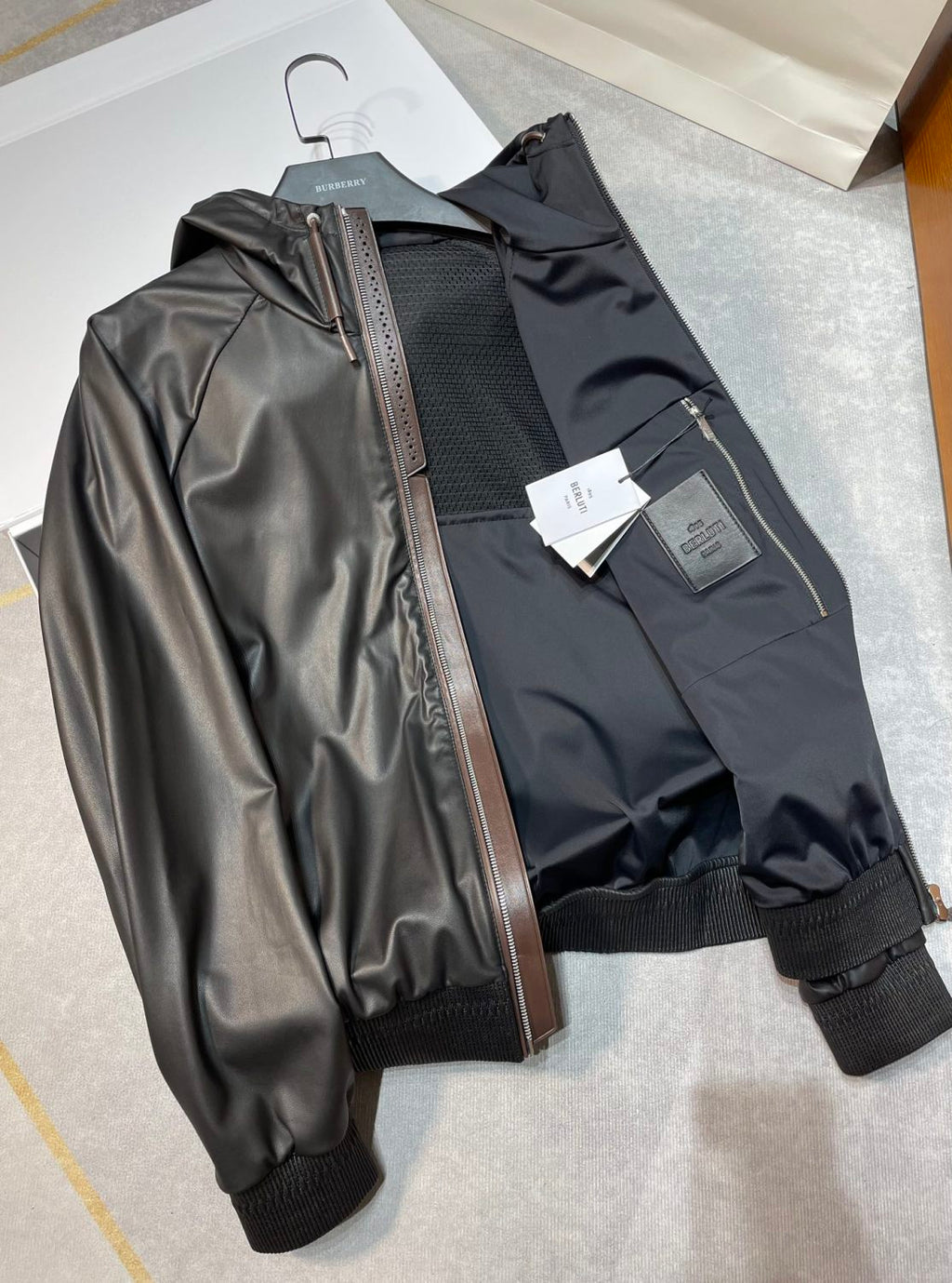 Berluti Men's Spring/autumn Fashion Casual Solid Color Zipper Leather Hooded Long Sleeve Jacket #78367