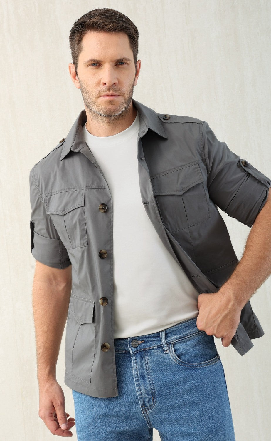 Brunello Cucinelli Men's Spring & Fall Lightweight Water-Resistant Techno Cotton Unlined Safari Jacket Solid Color Lapel Single Breasted Shirt Style Jacket Ngvp #1946