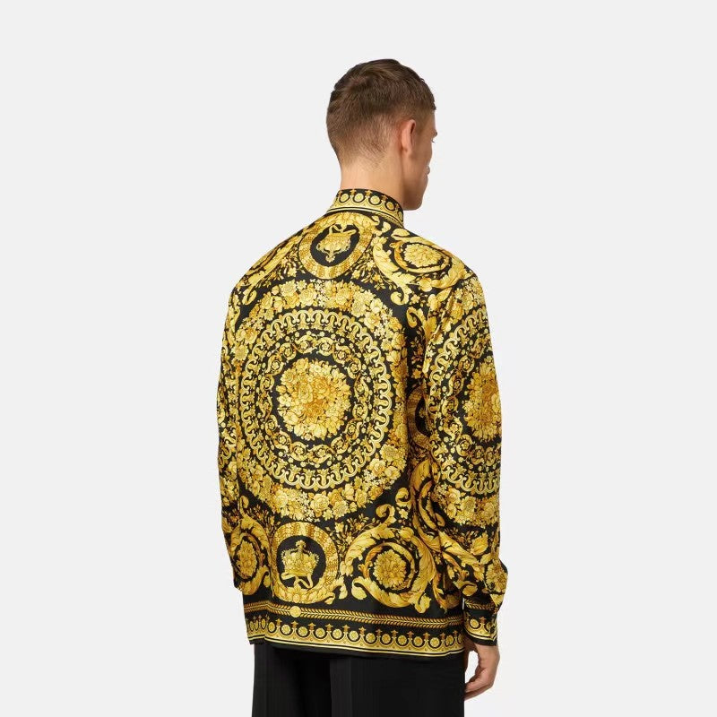 Versace Men's Spring and Autumn Barocco Printed Silk Shirt Fashion Casual Lapel Single Breasted Long Sleeve Tops #74977