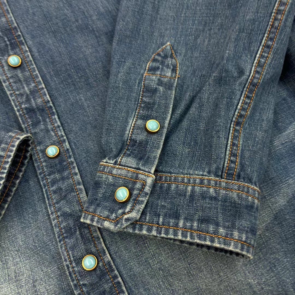 Louis Vuitton Men's Spring And Fall Cotton Logo Rivets Embellished Single-Breasted Slim Long-Sleeved Blue Denim Shirt #71621