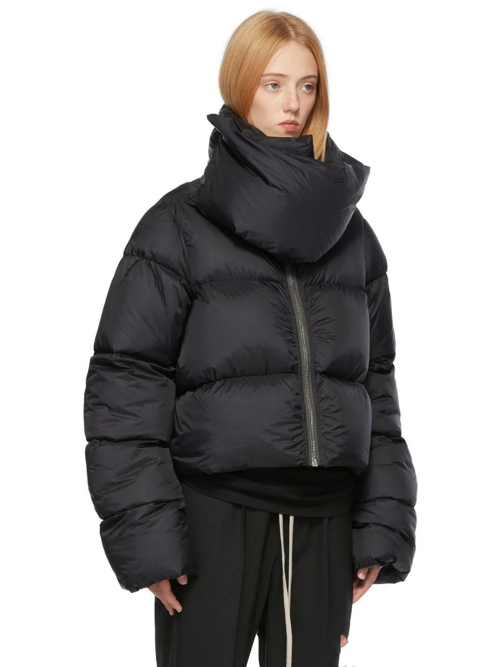 Rick Owens Men's Women's Fall And Winter Dark Windproof Scarf Down Jacket Thickened Warm Short Ultra-long-sleeved Zipper Down Jacket Ngvp #2494