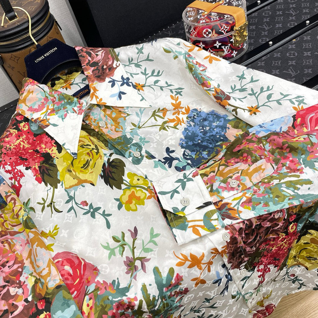 Louis Vuitton Men's Summer White Floral Print Single Breasted Silk Long Sleeve Shirt #97791