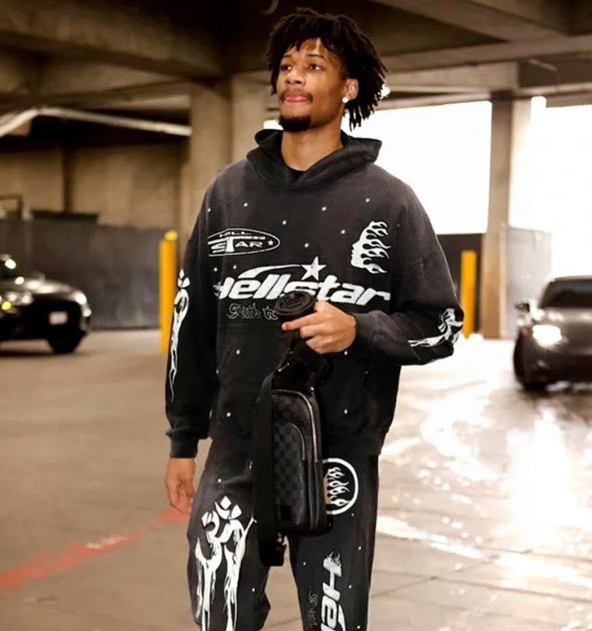Hellstar Men's Spring and Autumn Solid Color Graffiti Washed High Street Padded Retro Hooded Long Sleeve Loose Sweats Ngvp #7498