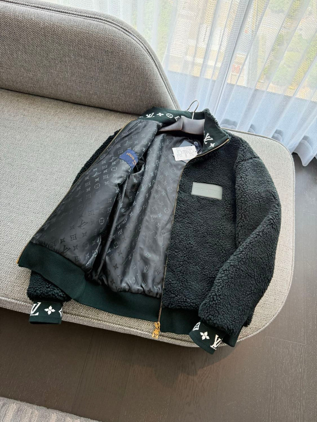 Louis Vuitton Women's and Men's Dark Green Suede Leather Label Teddy Velvet Suede Belted Jacket With Leather Patches #332529