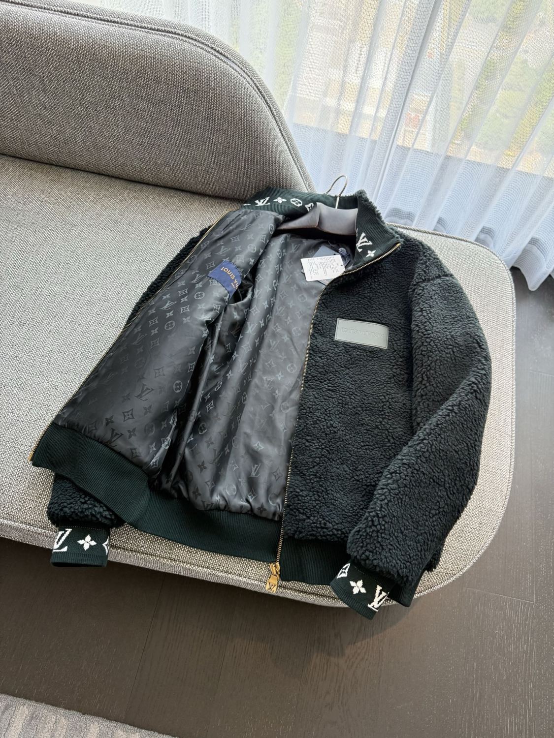 Louis Vuitton Women's and Men's Dark Green Suede Leather Label Teddy Velvet Suede Belted Jacket With Leather Patches #332529