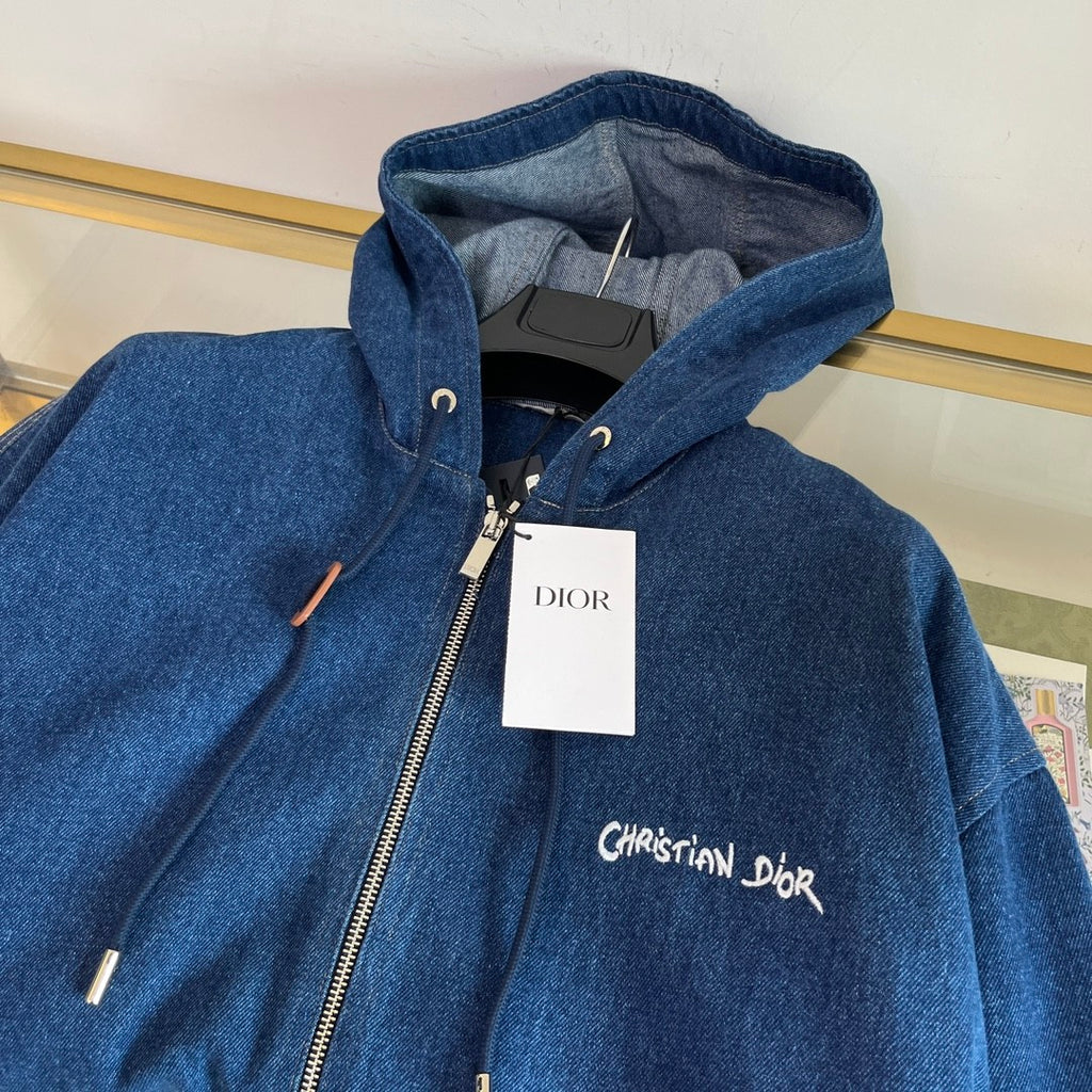 Dior Men's Spring And Fall Navy Blue Letter Print Zipper Hooded Long Sleeve Jacket #73271