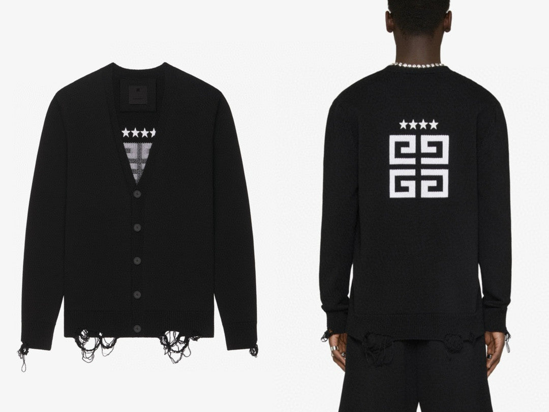 Givenchy Men's Spring Summer Black Cotton Knit V-Neck Long Sleeve Cardigan #97713