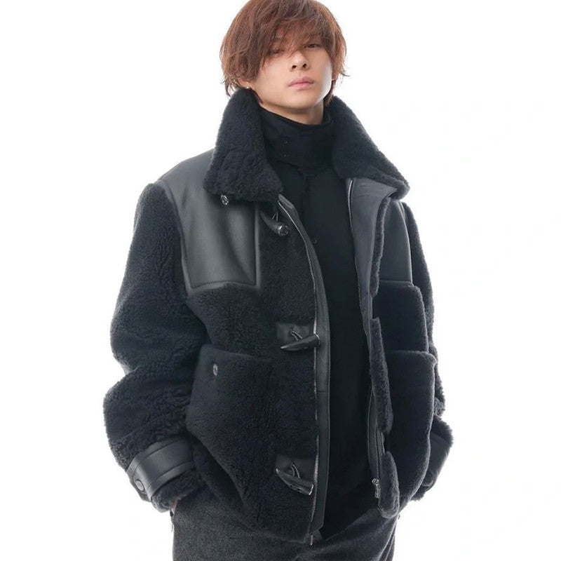 Hermes Men's Fall And Winter Splicing Casual Stand-up Collar Leather Jacket Zipper Button Coat Long Sleeve Jacket  Ngvp #7412