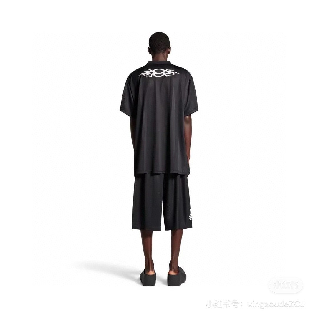 Balenciaga Men's Summer Black Letter Printed Loose Half High Neck Polyester Short Sleeve T-Shirt #73832