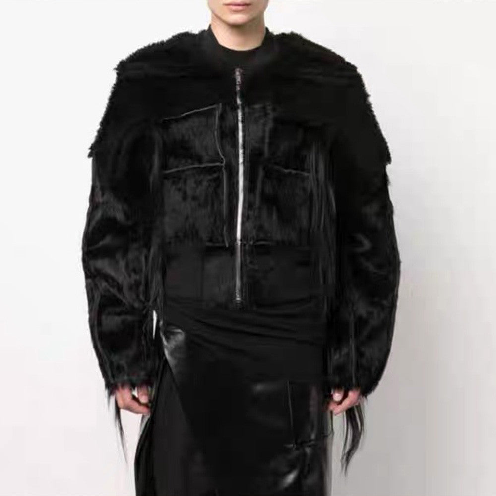 Rick Owens Men's Autumn And Winter Solid Color Fitted Zipper Short Long Sleeve Fur Jacket Ngvp #6965