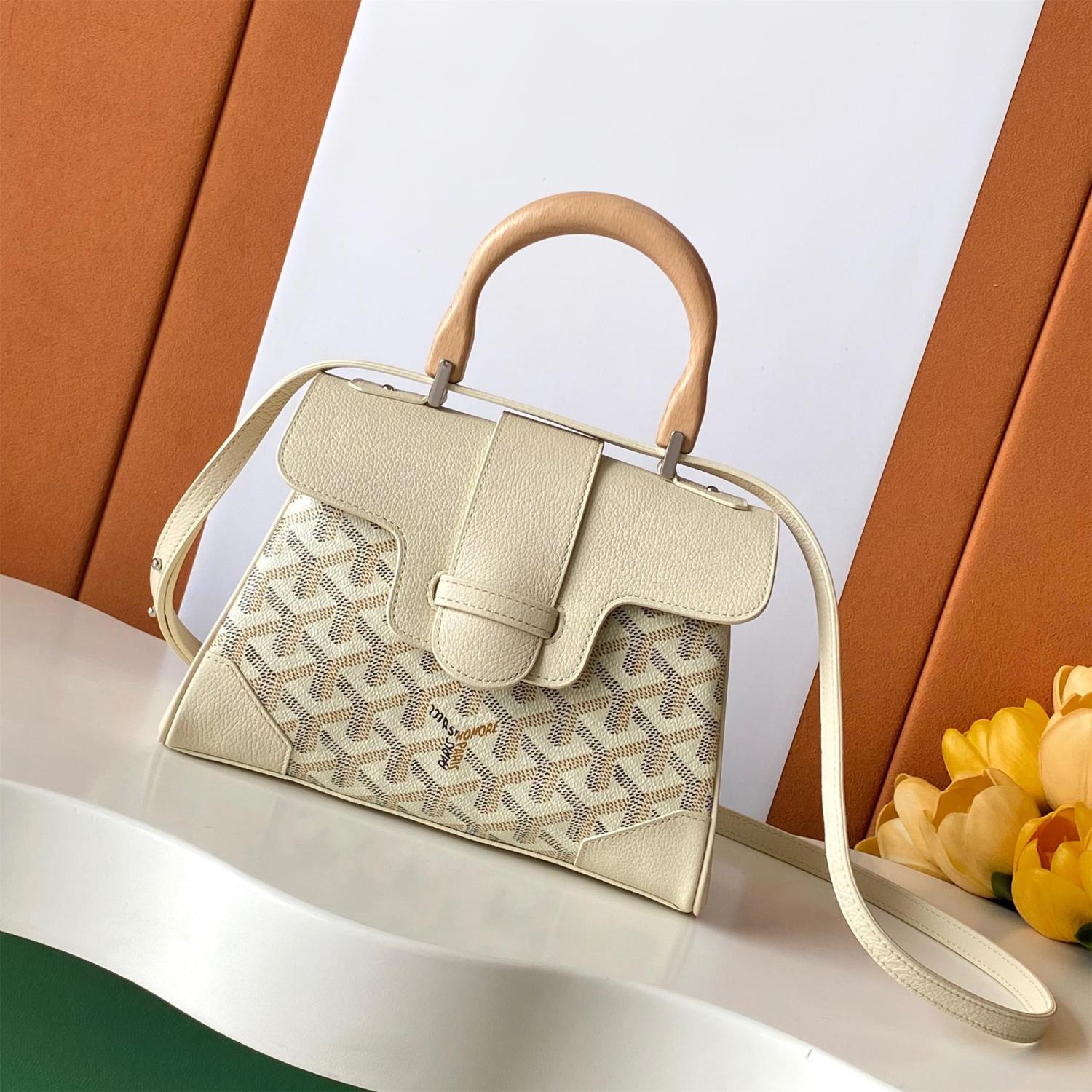 GOYARD Saigon Women's Solid Color Wooden Handle Canvas and Calfskin Shoulder Bag Handbag Bags #77774