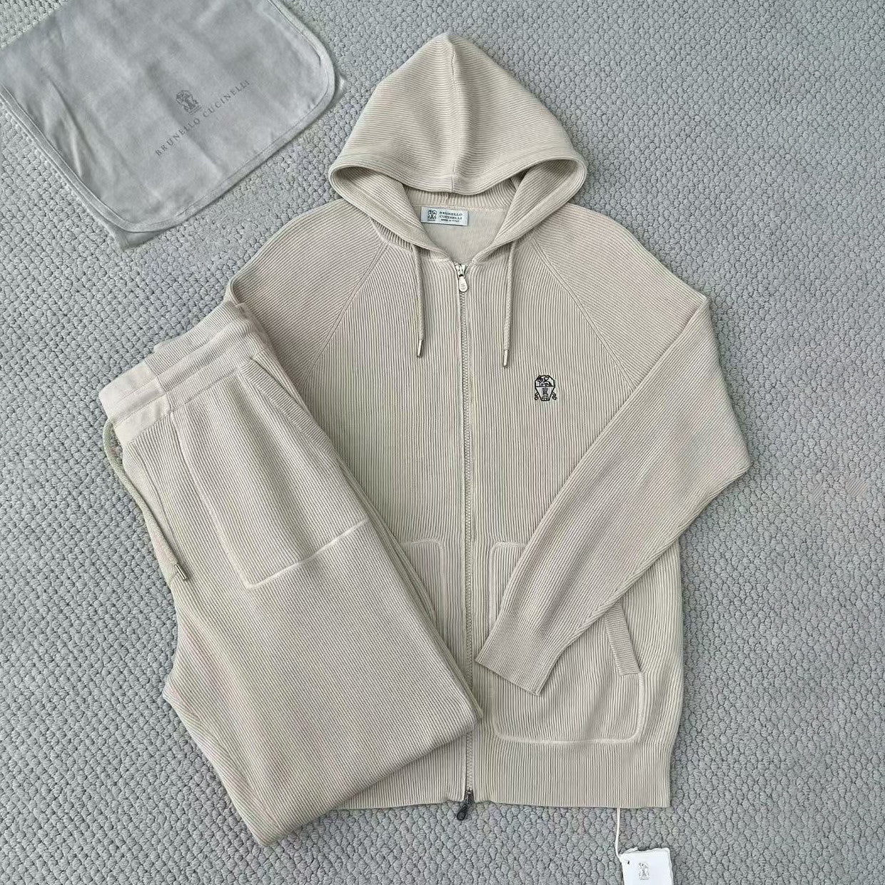 Brunello Cucinelli Men's Spring/autumn Fashion Casual Solid Color Logo Zipper Hoodie Ribbed Cotton Knit Pants Zipper Cuffs Suit Set #78353