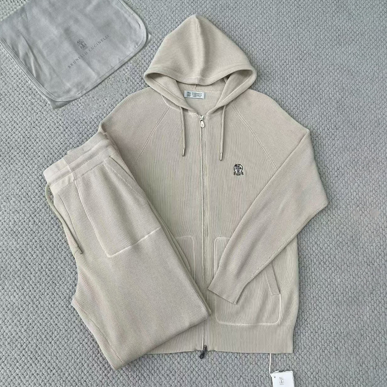 Brunello Cucinelli Men's Spring/autumn Fashion Casual Solid Color Logo Zipper Hoodie Ribbed Cotton Knit Pants Zipper Cuffs Suit Set #78353