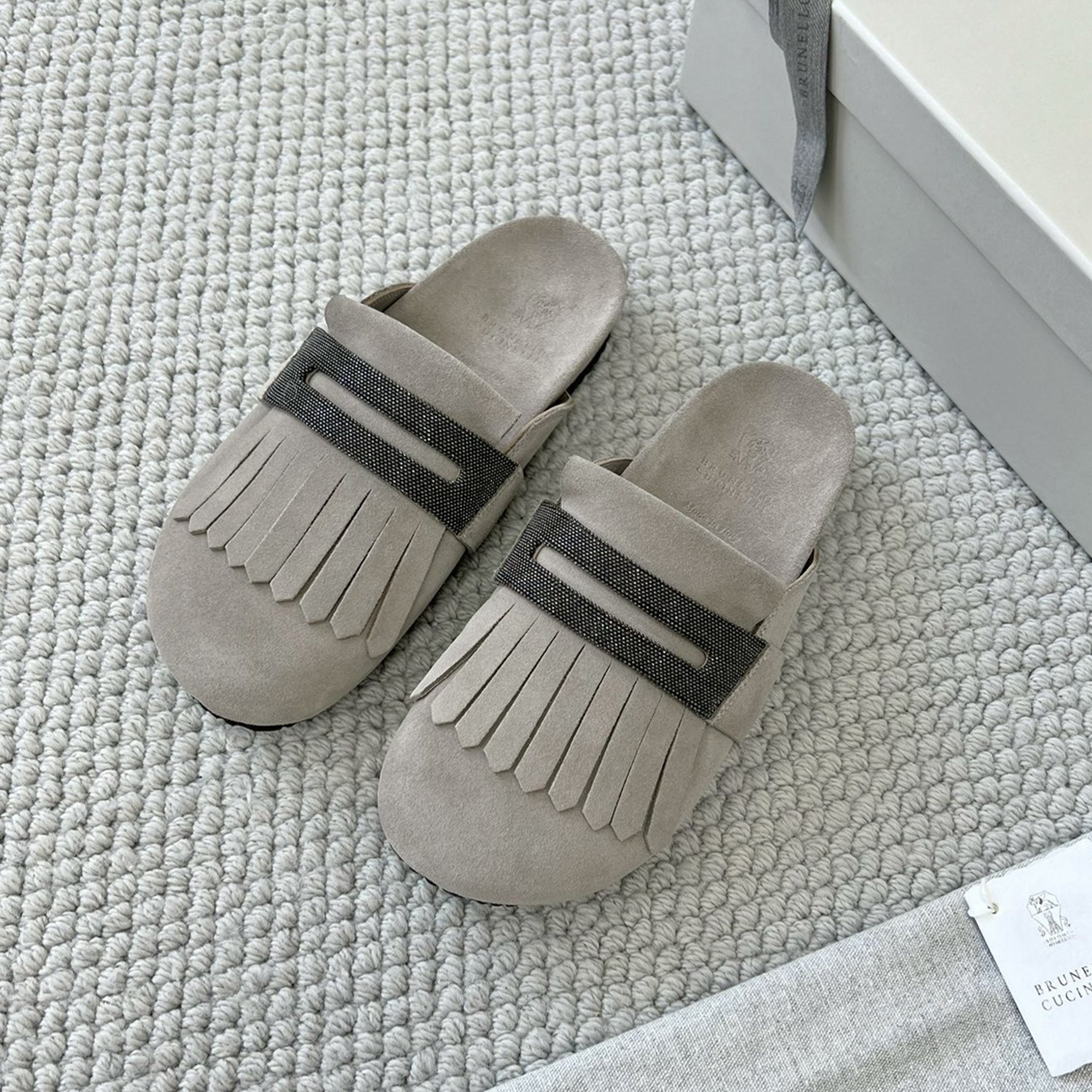 Brunello Cucinelli Monili Embellished Loafers Mule Shoes Women's Suede Slippers Solid Colour Fashion Trend Casual Comfort Slippers Sandals  Ngvp #1489