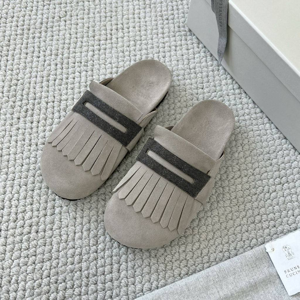 Brunello Cucinelli Monili Embellished Loafers Mule Shoes Women's Suede Slippers Solid Colour Fashion Trend Casual Comfort Slippers Sandals  Ngvp #1489