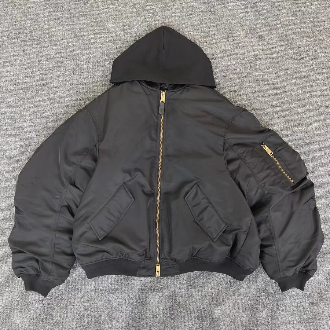 Balenciaga Men's Winter Black Nylon Embroidered Logo Hooded Pilot Zipper Long Sleeve Jacket #98145