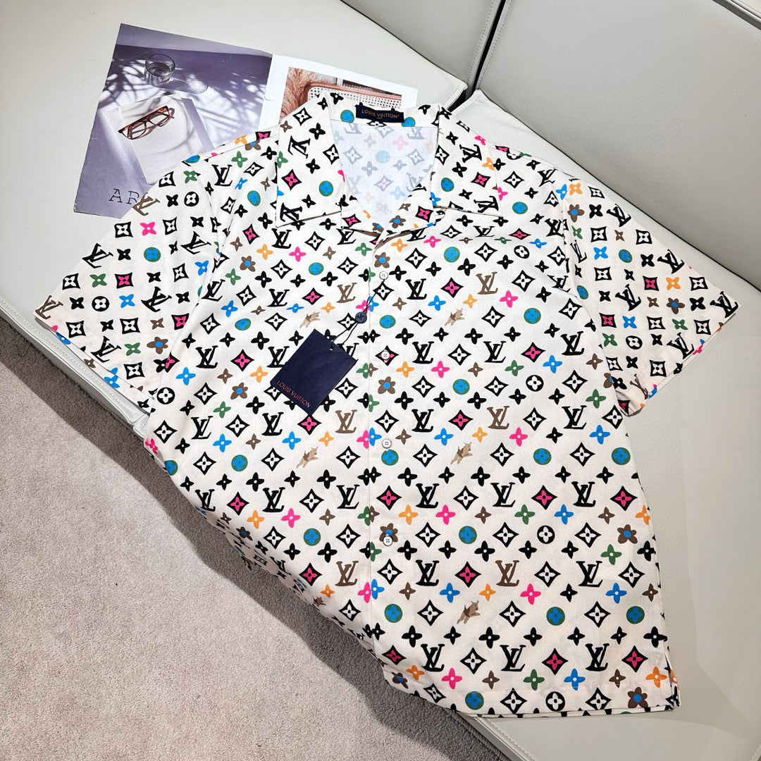 Louis Vuitton Men's Summer Logo Full Print Single Breasted Short Sleeve Shirt Elasticated Waist Shorts Suit Set #99155