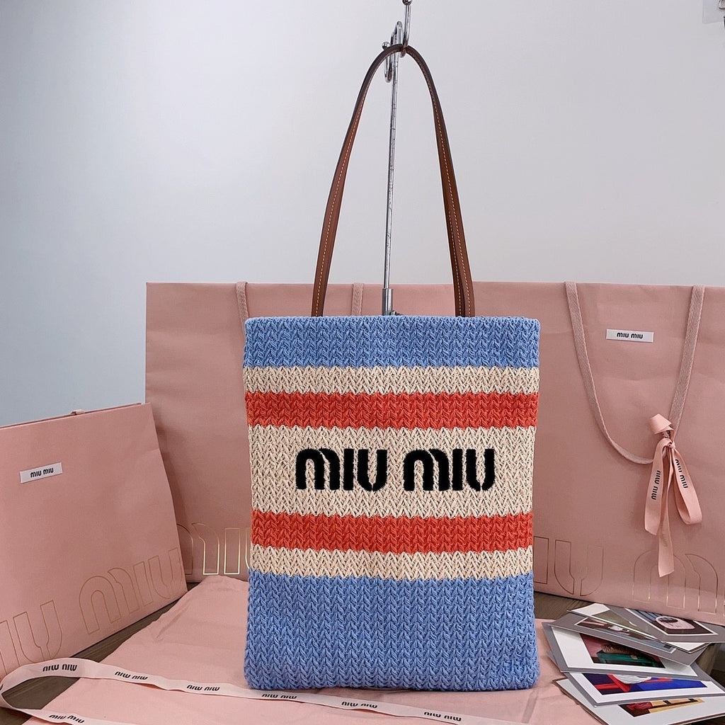 MiuMiu Women's Logo Embroidery Raffia Patchwork Cotton Thread Woven Shopping Bag Shoulder Tote Bags #76743