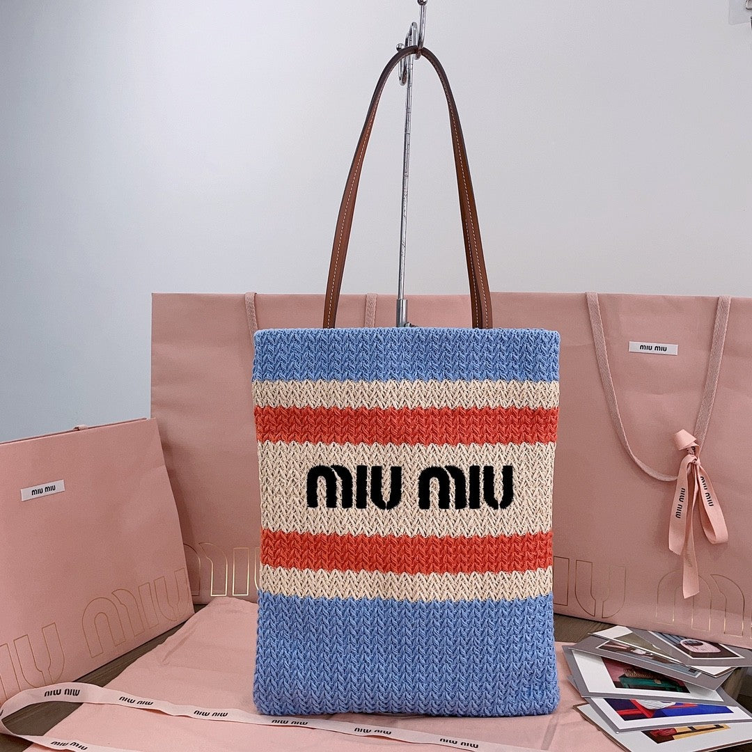 MiuMiu Women's Logo Embroidery Raffia Patchwork Cotton Thread Woven Shopping Bag Shoulder Tote Bags #76743