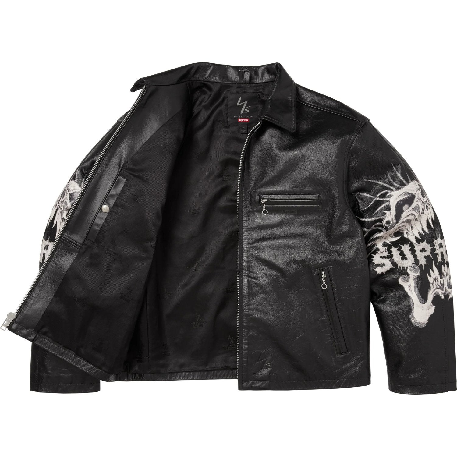 Supreme x Y's by Yohji Yamamoto Men's and Women's FW25 WEEK3 Leather Fitted Casual Jacket With Printed Sleeves And Zip Closure #332325