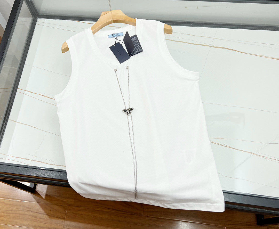 Prada Men's and Women's Summer Alphabet Iron Tag Hanger Chain Solid Colour Cotton Sleeveless Tank Top Vest #97868