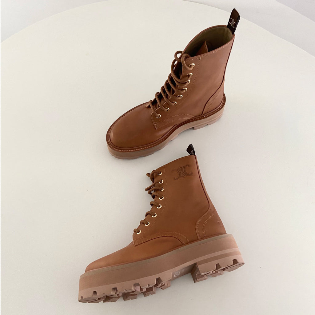 Celine Bulky Women's Solid Color Comfortable Leather Thick Sole Lace-Up Mid-Length Boots Shoes #73715