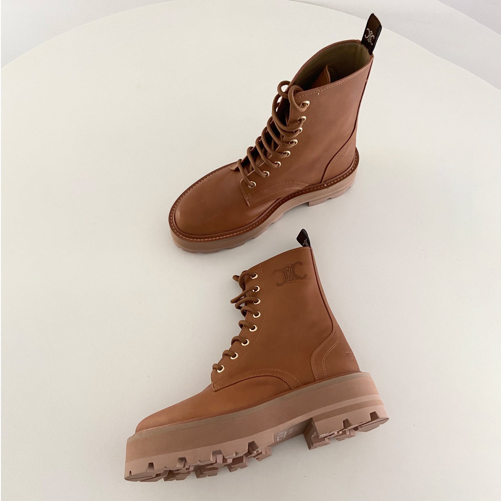 Celine Bulky Women's Solid Color Comfortable Leather Thick Sole Lace-Up Mid-Length Boots Shoes #73715
