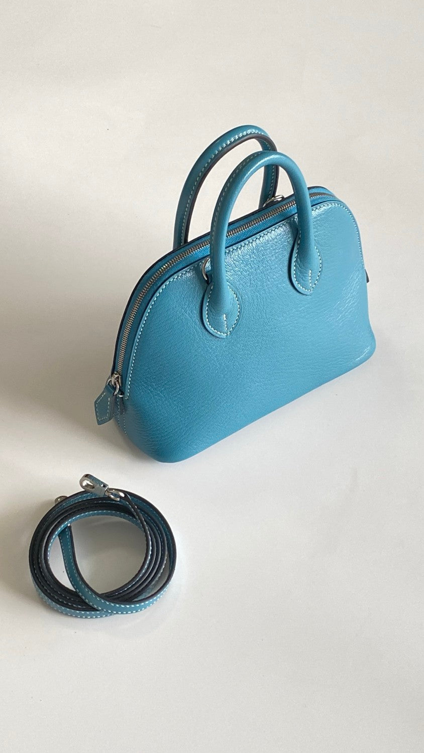 HERMES Bolide 1923 Silver Buckle Evercolor Calfskin Bowling Bag. Mini Handbag. Shoulder Bag. Crossbody Bag. Women's Style. D2 NEW BLEU JEAN #83225A