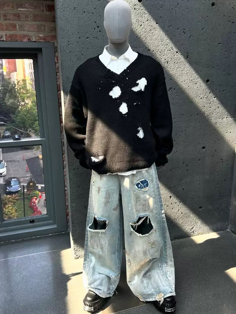 Vetements Men's Four Season Mid Rise Solid Color Distressed Holes Jeans Casual Cotton Loose Wide Leg Pants Ngvp #1211