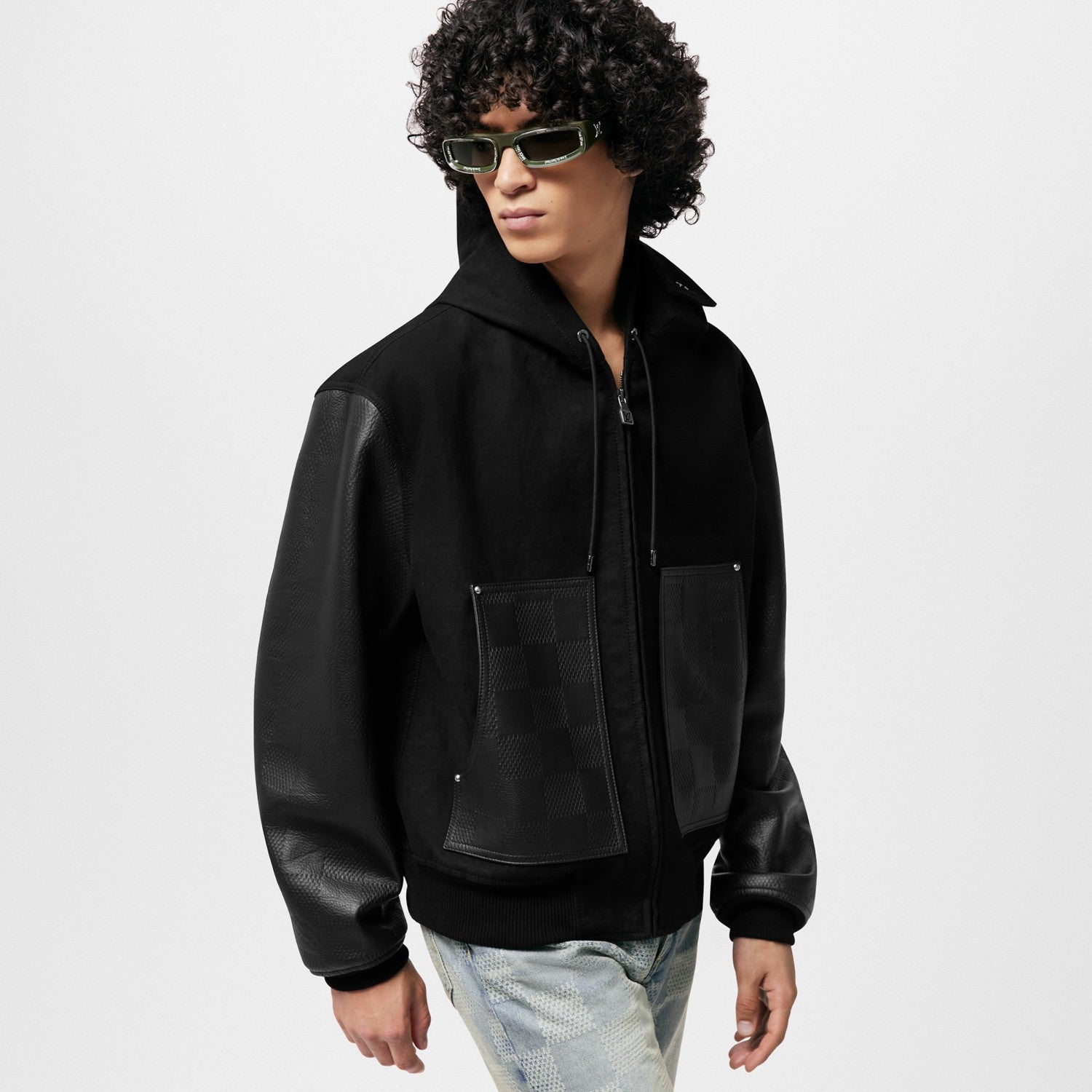 Louis Vuitton Men's Fall And Winter Black Suede Patchwork Hooded Drawstring Zipper Long Sleeve Jacket #73342