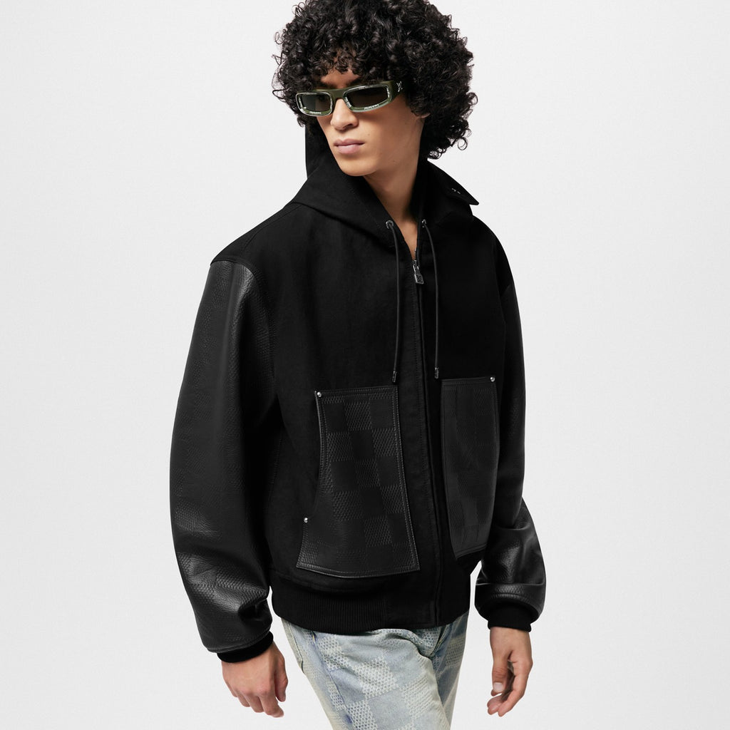 Louis Vuitton Men's Fall And Winter Black Suede Patchwork Hooded Drawstring Zipper Long Sleeve Jacket #73125