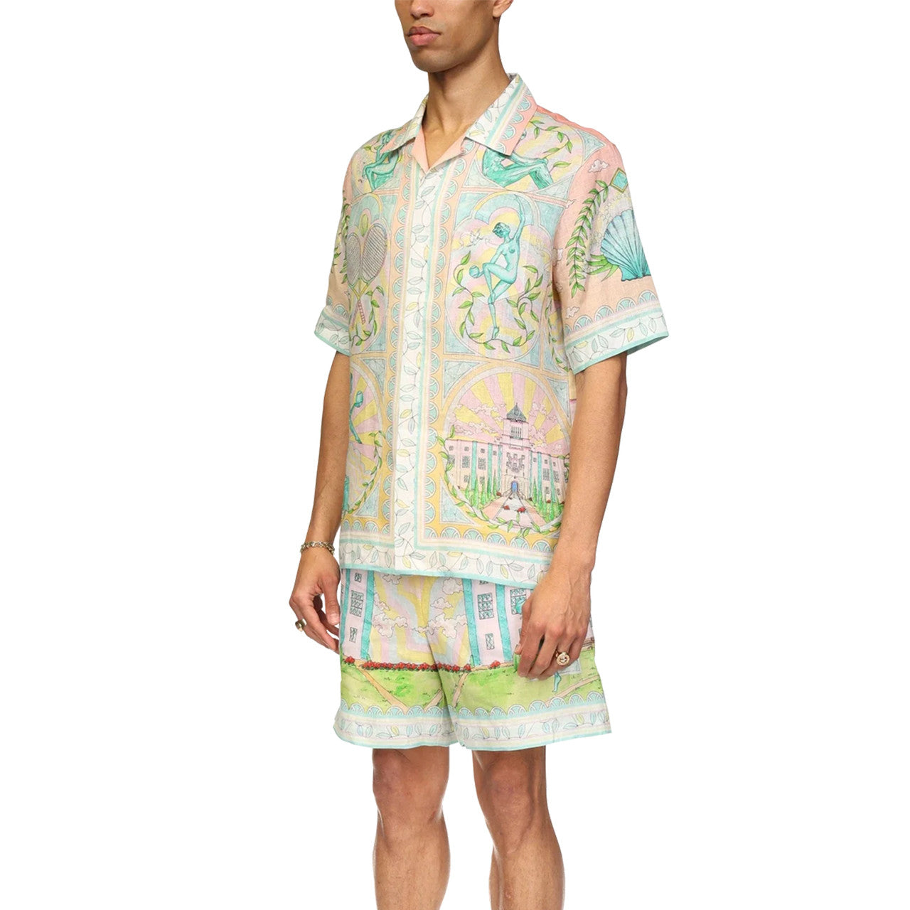 Casablanca Men's Women's Spring And Autumn Vase Print Lapel Single-Breasted Short-Sleeved Linen Shirt Casual Elastic Waist Loose Shorts Ngvp #9386