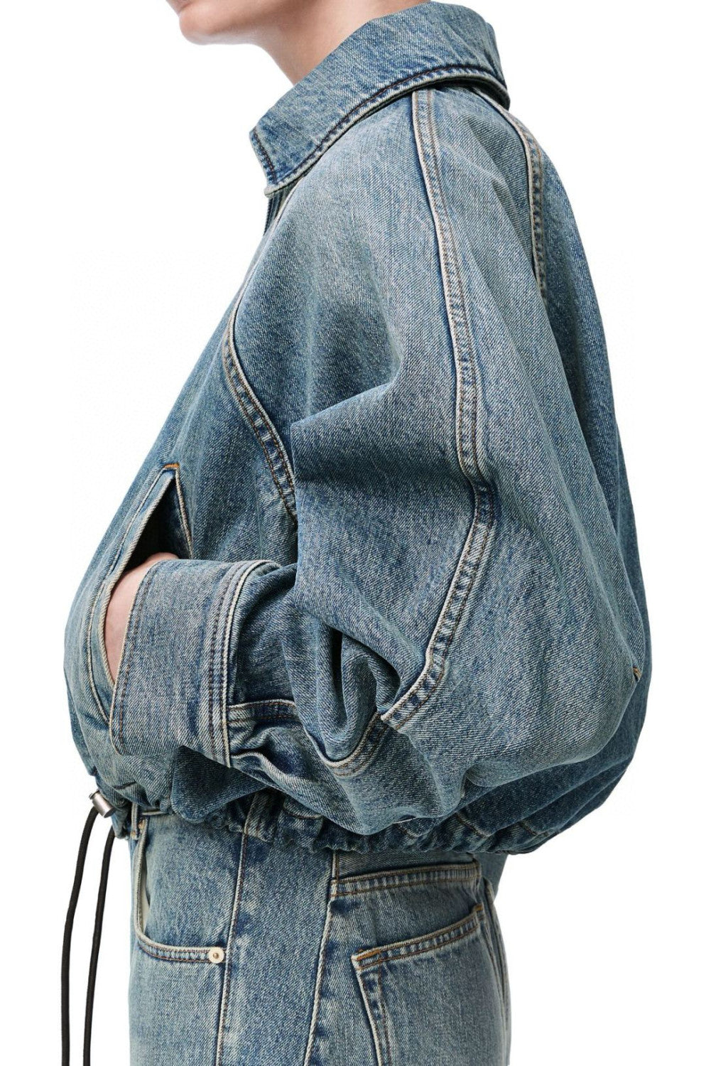 Loewe Women's Spring/Fall High-Street Lapel Zipper Drawstring Solid-Color Denim Jacket #81716