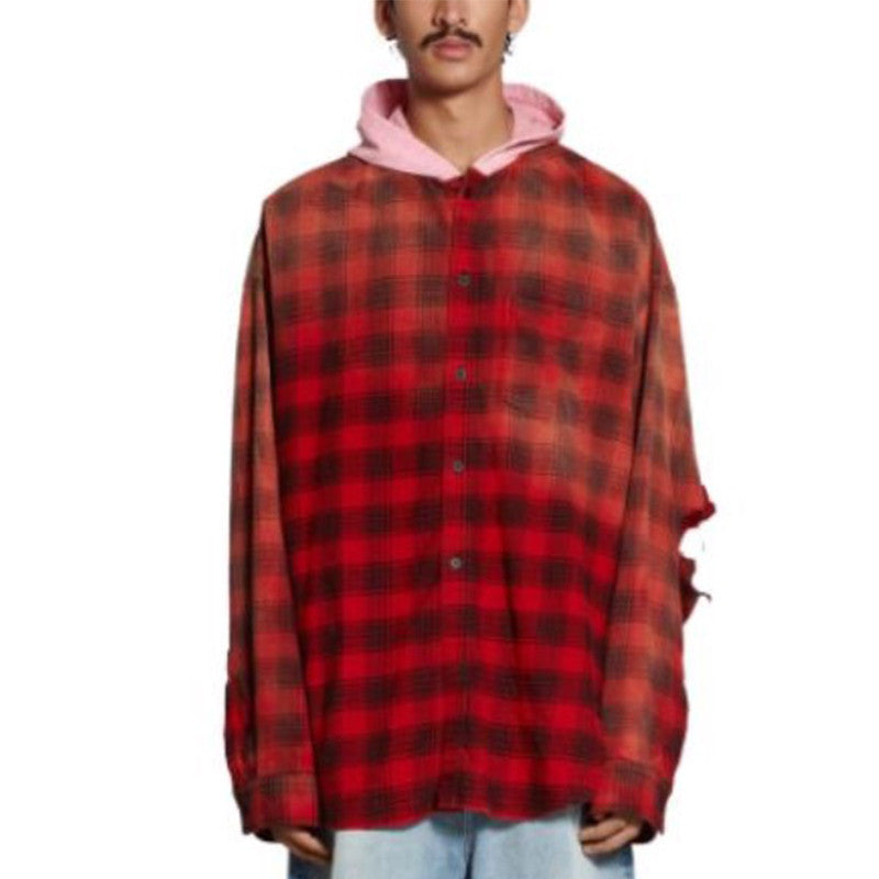 Balenciaga Men's Spring And Summer Fashion Trend Color Blocking Plaid Buttons Hooded Long-sleeved Shirt Loose Casual Ngvp #7448