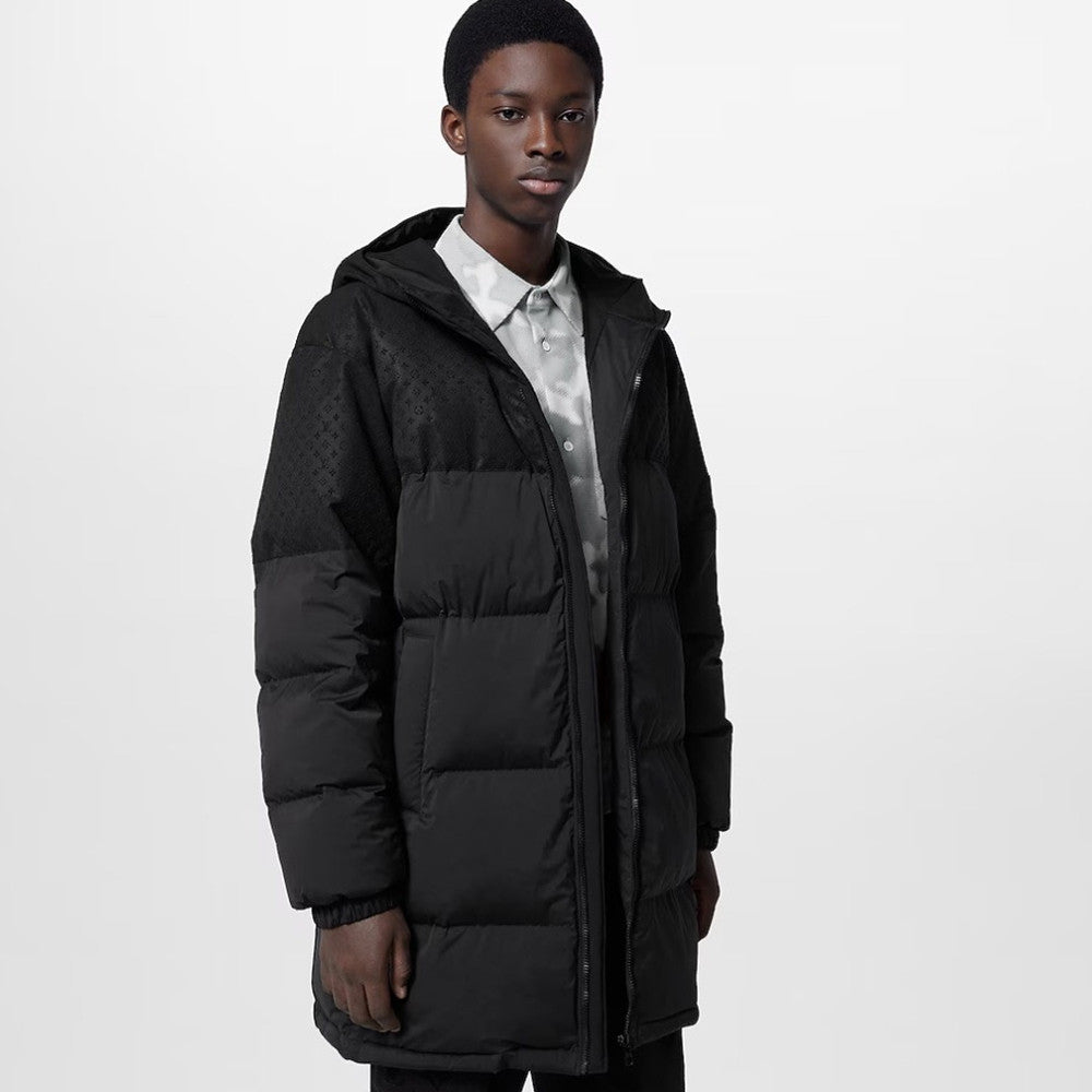 Louis Vuitton Men's and Women's Embossed Patchwork Mid Length Down Jacket #333370