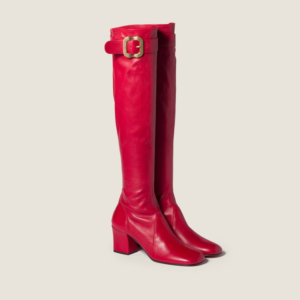 MiuMiu Women's Spring/Fall Fashion Classic Round Toe Cuffed Chunky Heel Solid Color Leather Long Boots Shoes#78718