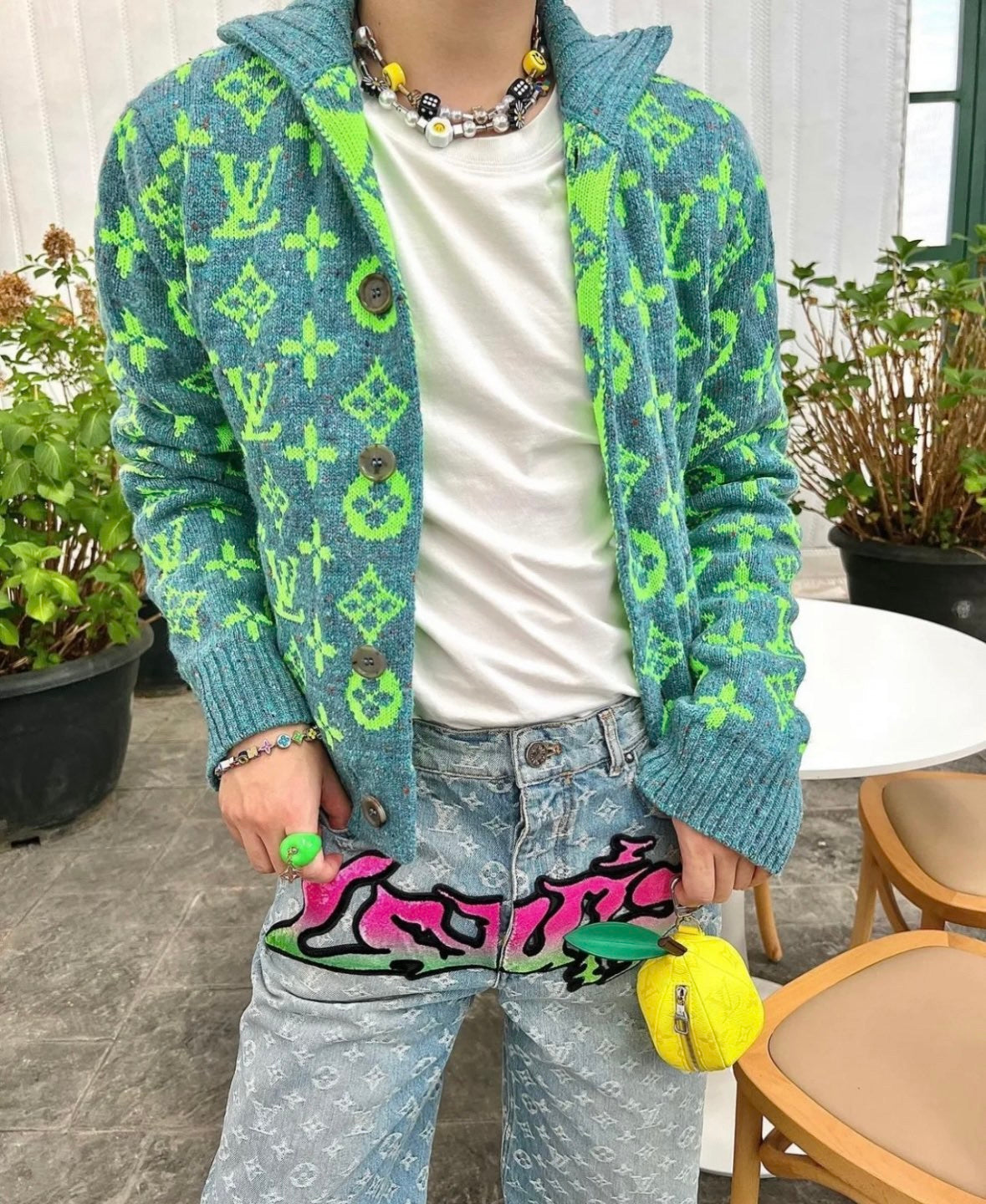 Louis Vuitton Men's Fall/Winter Green Monogrammed Pattern Knit Single Breasted Sweater Jacket #72785