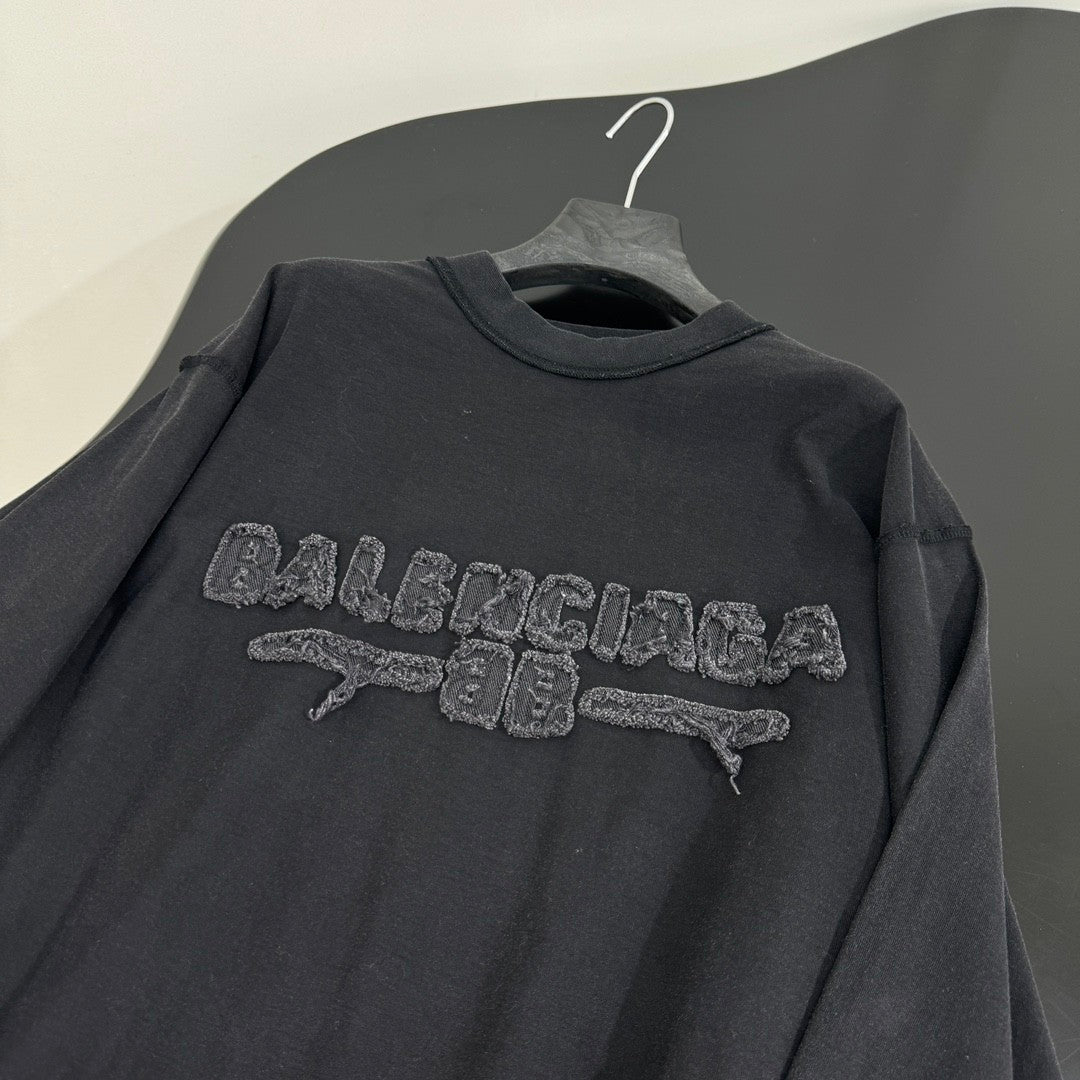 Balenciaga Men's Summer Applique Embroidery Letter Print Round Neck Solid Color Long Sleeve T-Shirt #75234